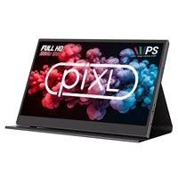 15.6-inch Full HD IPS portable monitor with USB-C, Mini HDMI, speakers, and foldable case by PIXL.