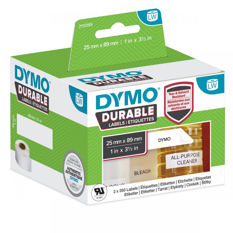 Dymo 2112285 LW Durable shelving label 25mm x 89mm Black on White 700 Labels