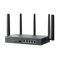 TP-Link Omada ER706W-4G router with four antennas, four LAN ports, and a sleek black design.