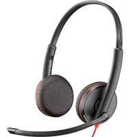 Poly Blackwire 3225 stereo USB-C headset with 3.5mm plug, sleek black design, adjustable mic for clear audio.