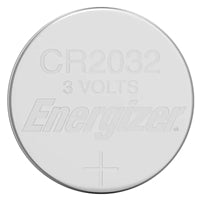 Energizer CR2032 lithium coin cell battery pack of 2, 3 volts, round silver design.