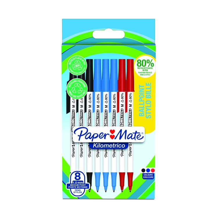 Paper Mate 2187680 Kilometrico Recycled Assorted Ball Pen pack of 8 pens