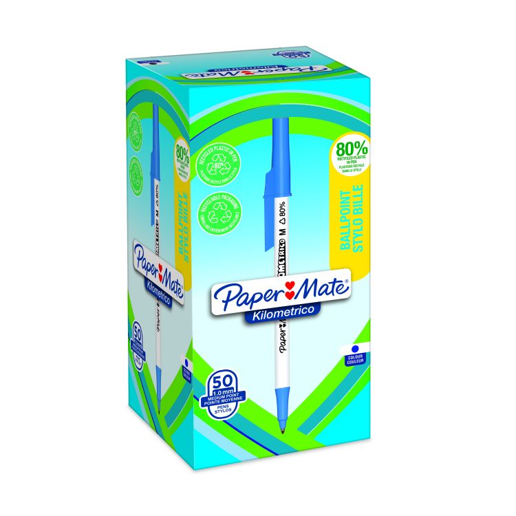 Paper Mate 2187702 Kilometrico Recycled Blue Ball Pen pack of 50 pens