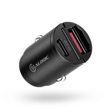 Compact black Alogic 30W rapid power mini car charger with USB-C and USB-A ports
