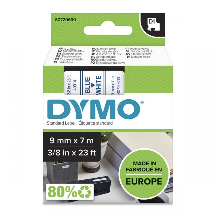 Dymo 40914 D1 9mm x 7m Blue on White Tape