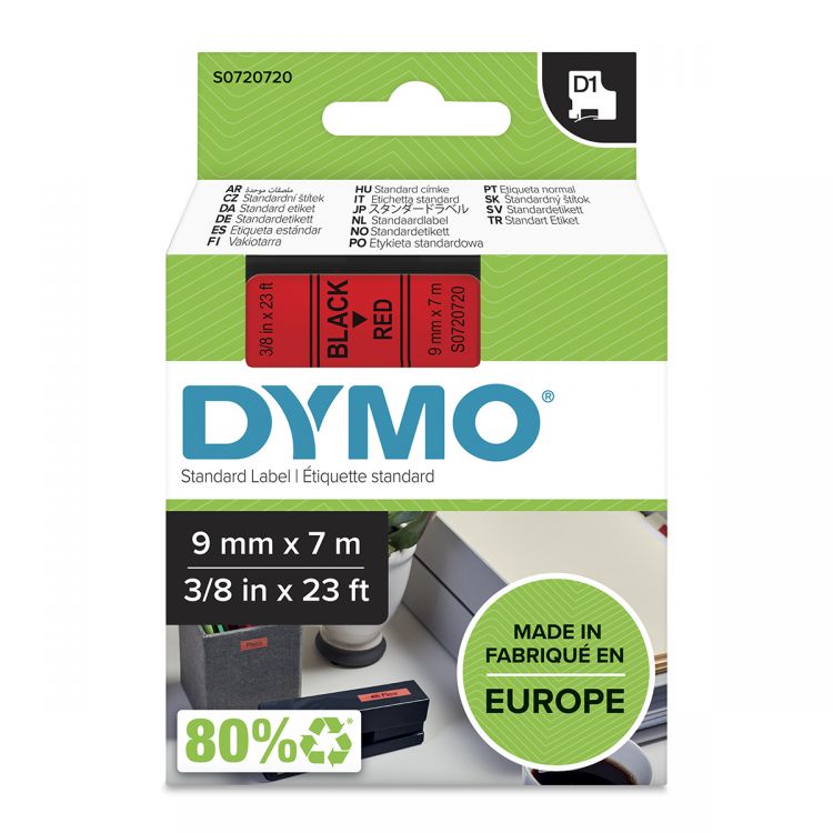 Dymo 40917 D1 9mm x 7m Black on Red Tape
