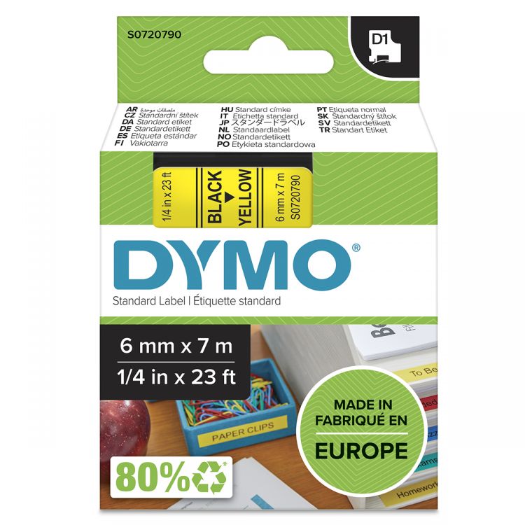Dymo 43618 D1 6mm x7m Black on Yellow Tape