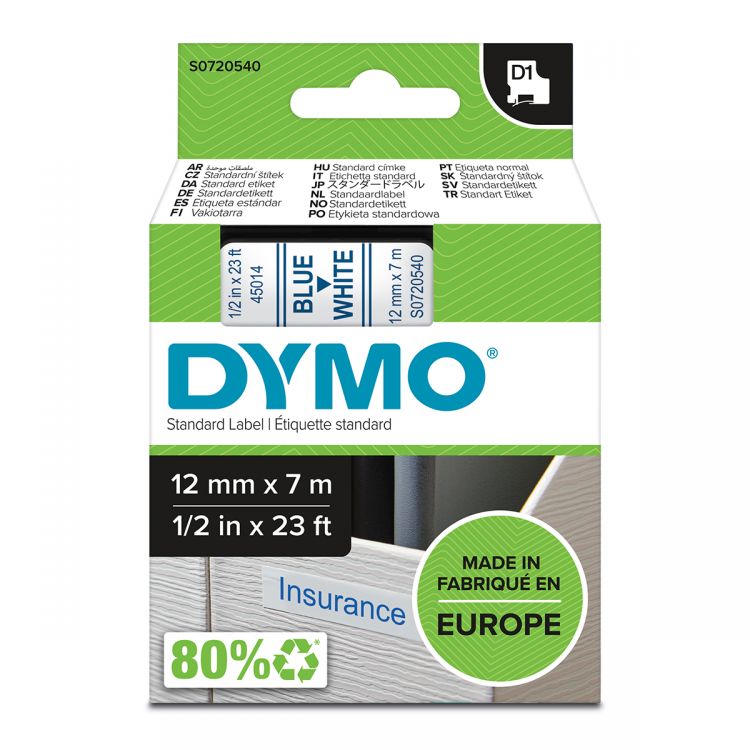 Dymo 45014 D1 12mm x 7m Blue on White Tape
