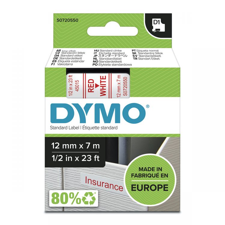 Dymo 45015 D1 12mm x 7m Red on White Tape