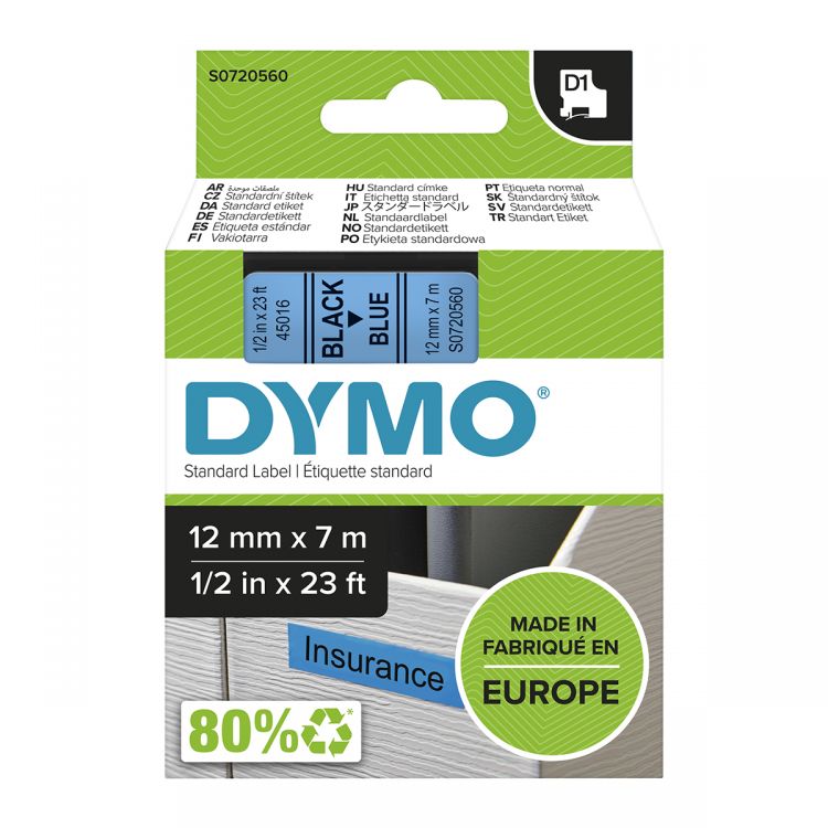 Dymo 45016 D1 12mm x 7m Black on Blue Tape