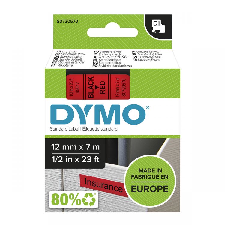 Dymo 45017 D1 12mm x 7m Black on Red Tape