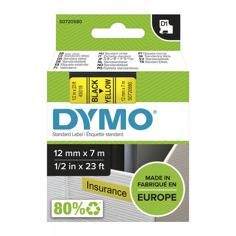 Dymo 45018 D1 12mm x 7m Black on Yellow Tape