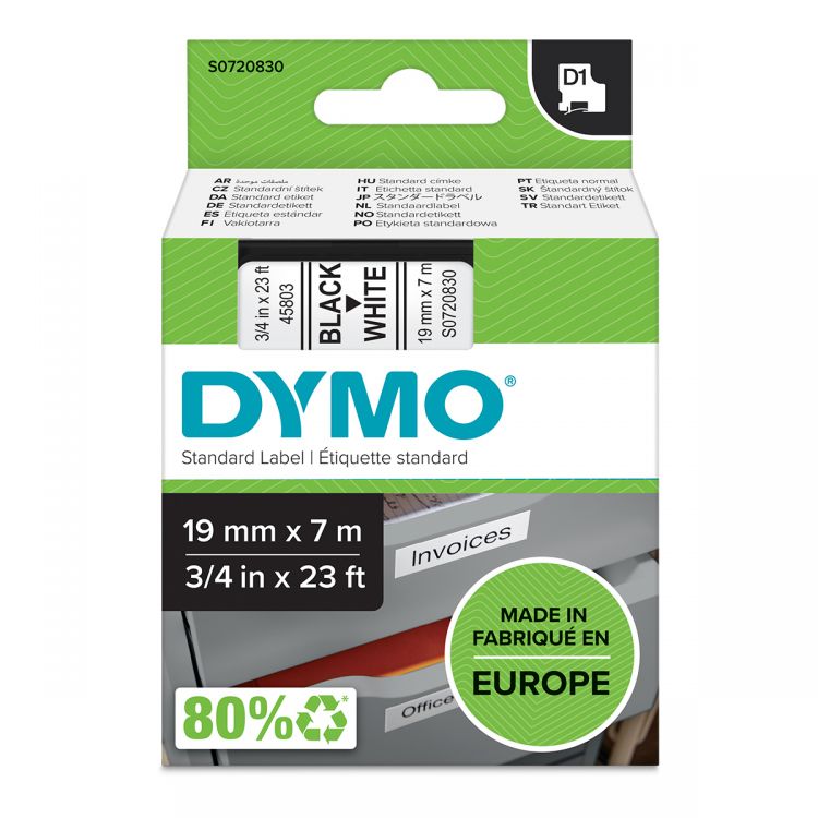 Dymo 45803 D1 19mm x 7m Black on White Tape