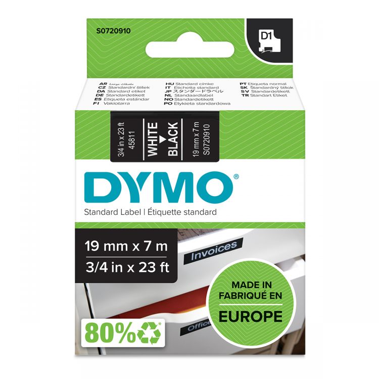 Dymo 45811 19mm x 7m White on Black Tape