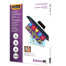 Fellowes A3 80 Micron adhesive backed pouches, 100-pack, clear and durable for laminating documents.