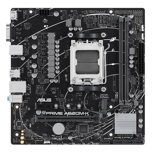 Asus PRIME A620M-K micro ATX motherboard with AMD A620 chipset, 2 DDR5 slots, HDMI, and PCIe4
