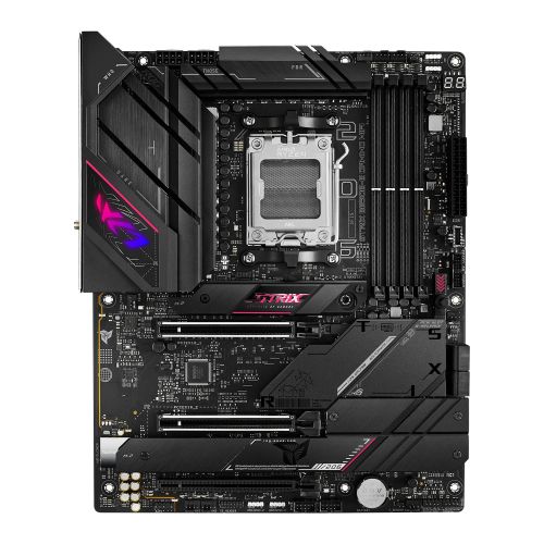 ASUS ROG STRIX B650E-E ATX motherboard with dark design, AM5, DDR5, PCIe 5.0, and WiFi 6E capabilities