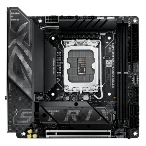 Asus ROG STRIX B860-I Gaming WiFi motherboard, Mini ITX, black, with HDMI, DP, TB4, Wi-Fi 7, and dual M.2 slots