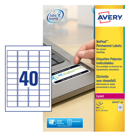 Avery L6145-20 NoPeel Labels 20 sheets - 40 Labels per Sheet