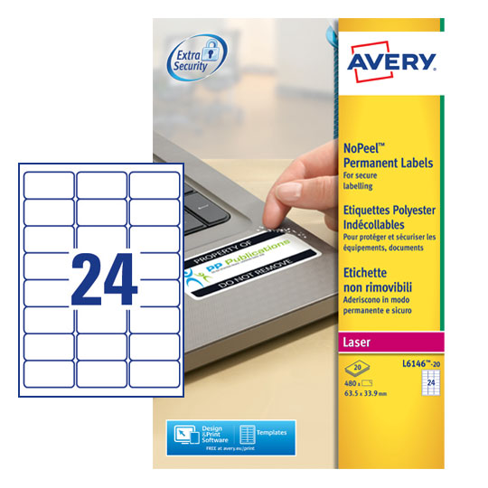 Avery L6146-20 NoPeel Labels 20 sheets - 24 Labels per Sheet