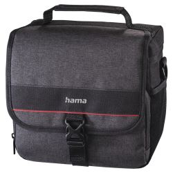 Black Hama Valletta 140 camera bag with shoulder strap, belt loop, and removable divider, measuring 22 x 11.5 x 20.5 cm.