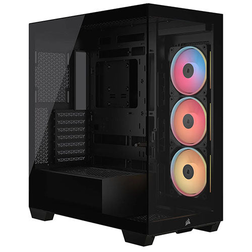 Black Corsair 3500X LX-R ARGB Gaming Case with glass panels and reverse ARGB fans, E-ATX compatible, USB-C port.