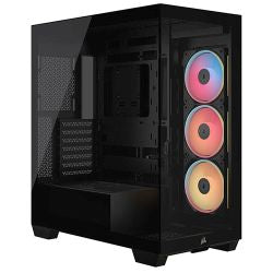 Black Corsair 3500X LX-R ARGB gaming case with glass panels and three reverse ARGB fans, featuring a USB-C port.