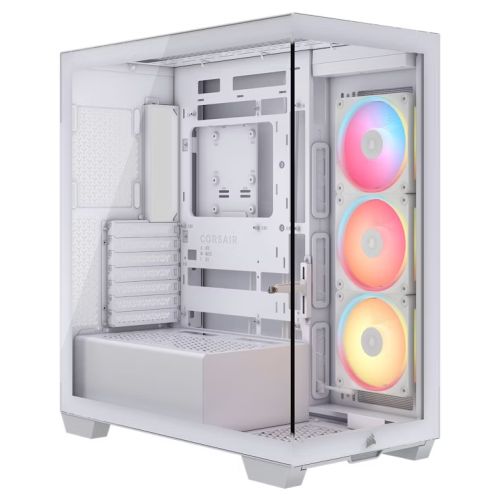 White Corsair 3500X LX-R ARGB gaming case with tempered glass side, front, and 3 reverse ARGB fans