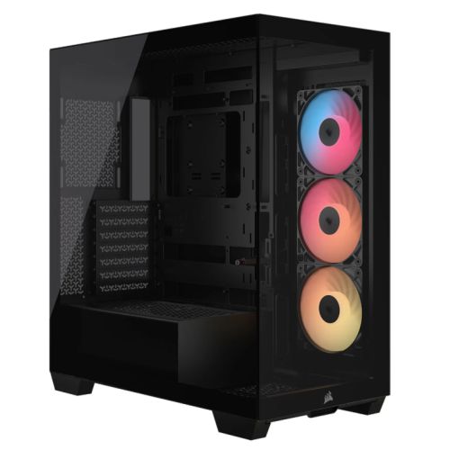 Black Corsair 3500X RS-R ARGB gaming case with glass side panel, E-ATX form factor, and 3 reverse ARGB fans.