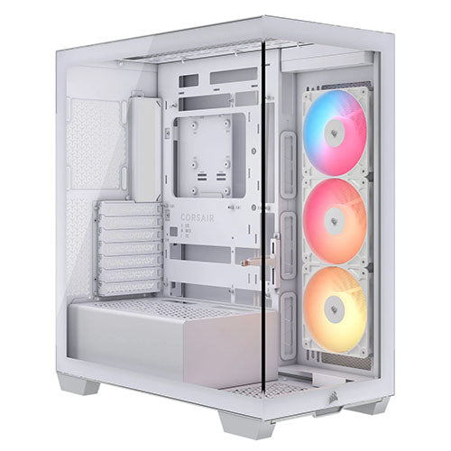 Corsair 3500X RS-R ARGB gaming case, white, tempered glass side and front, E-ATX, with 3 reverse ARGB fans and USB-C.