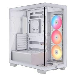 White Corsair 3500X RS-R ARGB gaming case with glass panels, three reverse ARGB fans, E-ATX compatibility, and USB-C port.