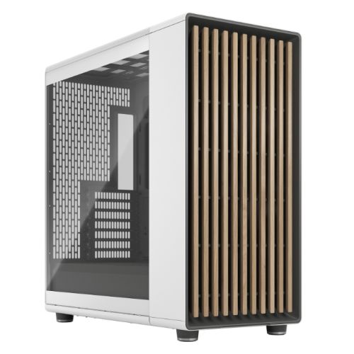 Fractal Design North XL Chalk White case with clear glass window, oak front, E-ATX, and three PWM fans