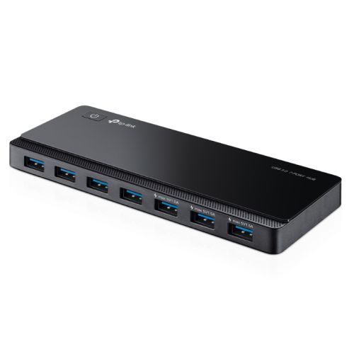 TP-LINK UH700 7-port USB 3.0 hub with black casing and blue LED indicators