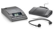 Philips LFH720T transcription set featuring mini cassette recorder and microphone on a white background