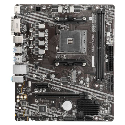 MSI A520M-A PRO Micro ATX motherboard with AM4 socket, DVI, HDMI, and dual DDR4 slots