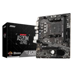 MSI A520M-A PRO motherboard with AM4 socket, 2 DDR4 slots, DVI, HDMI, and M.2 connector, Micro ATX form factor.