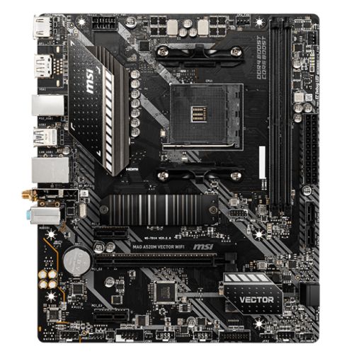 MSI MAG A520M VECTOR WIFI Micro ATX AM4 motherboard with 2 DIMM slots, M.2, and WiFi capability.