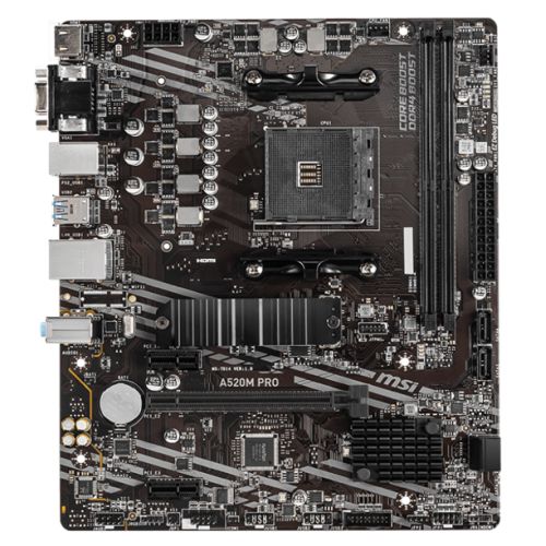 MSI A520M PRO Micro ATX motherboard with AM4 socket, 2 DDR4 slots, VGA, HDMI, DP, and 1 M.2 connector