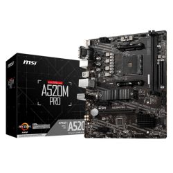 MSI A520M PRO motherboard with AM4 socket, 2 DDR4 slots, VGA, HDMI, DP, and M.2 slot, Micro ATX design.