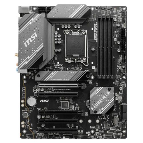 MSI B760 GAMING PLUS WIFI motherboard with ATX form factor, DDR5 slots, HDMI, and Wi-Fi 6E.