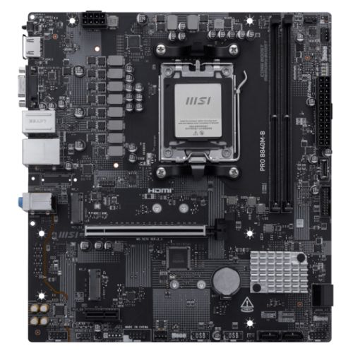 MSI PRO B840M-B motherboard in black, AM5 socket, with VGA, HDMI, 2x M.2 slots, and 2 DDR5 RAM slots