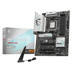 MSI B850 GAMING PLUS WIFI ATX motherboard with AM5 socket, DDR5 slots, and PCIe 5.0, featuring black PCB design.