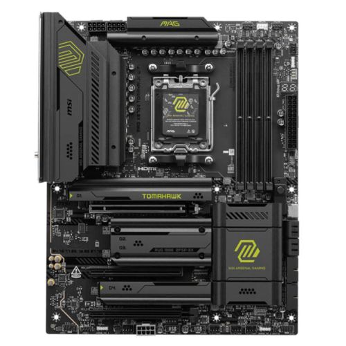 MSI MAG X870E TOMAHAWK Wi-Fi 7 ATX motherboard with black PCB, 4 M.2 slots, and 14-phase VRM design.