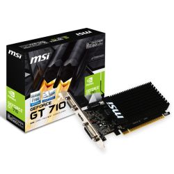 MSI GT710 graphics card, 2GB DDR3, low profile design, featuring VGA, DVI, HDMI ports, and silent cooling.