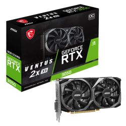 MSI RTX3050 VENTUS 2X XS 8G OC graphics card with dual fans, PCIe4, 8GB GDDR6, HDMI, DVI, and DisplayPort connectors