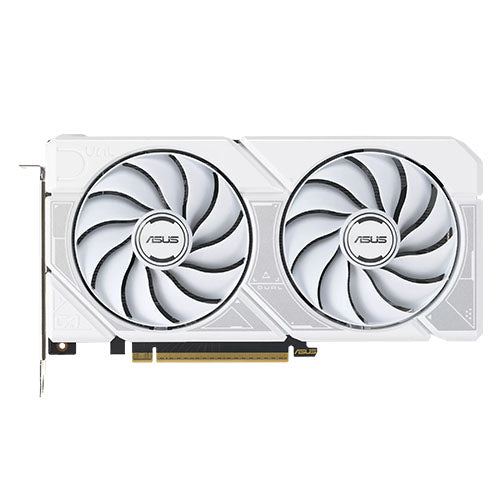 Asus DUAL RTX5060 Ti OC graphics card in white, 16GB DDR7, PCIe5, 2632MHz clock, compact SFF-ready design.