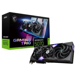 MSI RTX 5070 Gaming Trio 12GB graphics card with triple fans, silver and black design, 2625MHz clock speed.