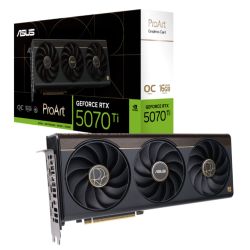 Asus PROART RTX5070 Ti OC graphics card with RGB lighting, PCIe5, 16GB DDR7, and compact design