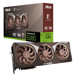 Asus NOCTUA RTX5080 OC graphics card with black design, 16GB DDR7, dual HDMI, three DisplayPorts, and Noctua PWM fans.