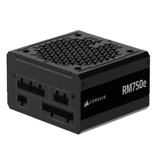 Corsair RM750e 750W fully modular PSU, gold-rated, low-noise design, ATX 3.1, PCIe 5.1, features Zero RPM mode.